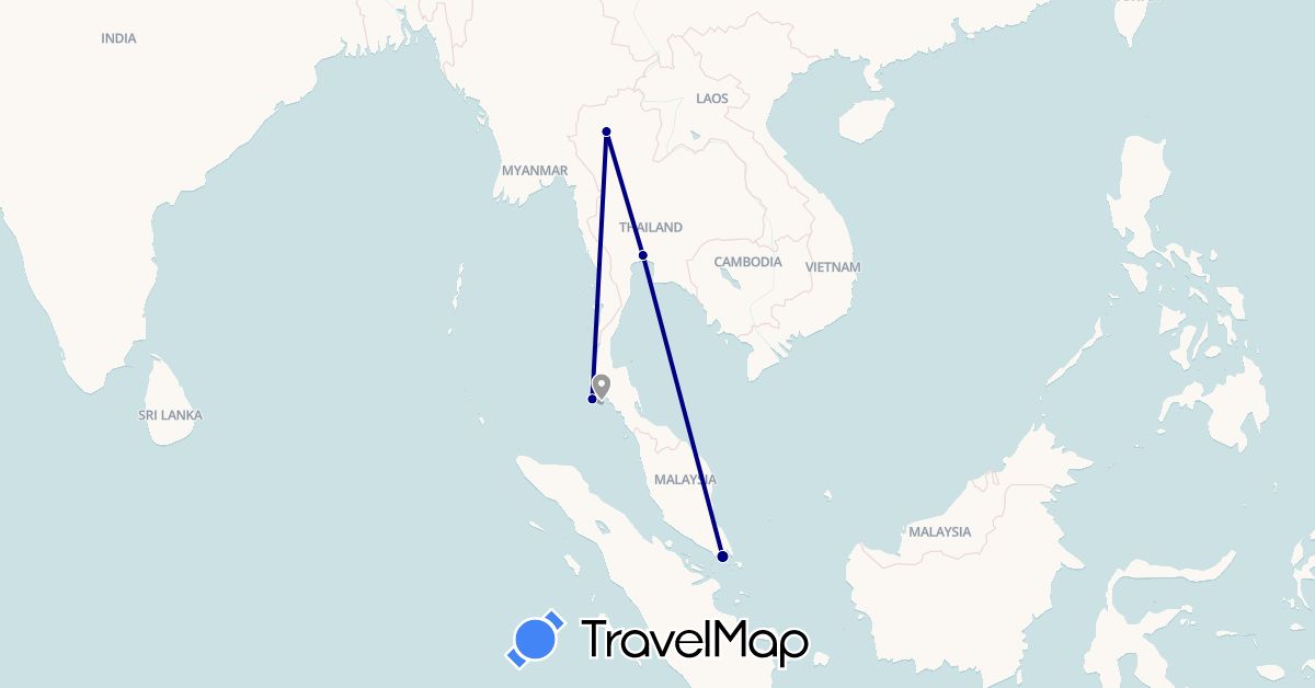 TravelMap itinerary: driving, plane in Singapore, Thailand (Asia)